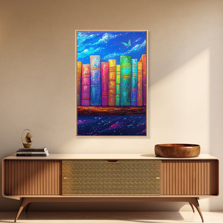 Rainbow Books Under Starry Sky Wall Art, Colorful Library Canvas Print, Book Lover Gift, Reading Nook Home Office Decor Print