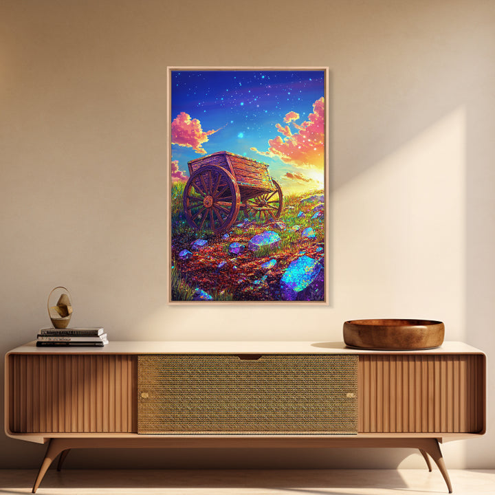 Rustic Wooden Wagon In Starry Meadow Wall Art, Colorful Country Landscape Canvas Print, Western Farmhouse Decor Housewarming Gift
