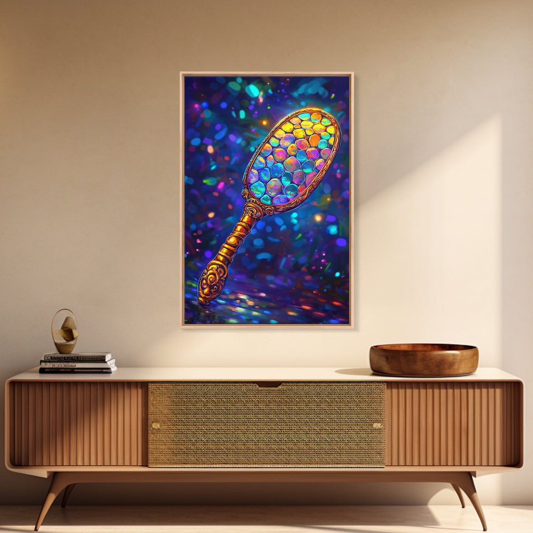 Iridescent Hand Mirror Wall Art, Rainbow Glass Painting, Maximalist Bathroom Decor, Dopamine Decor, Framed Canvas Print, Gift