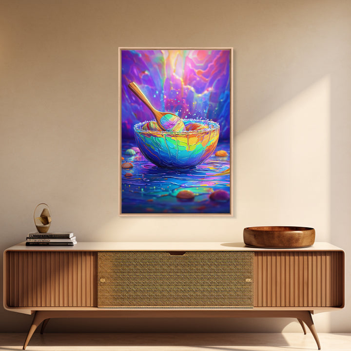 Rainbow Bowl And Spoon Canvas Print, Colorful Kitchen Still Life Painting, Dopamine Decor, Whimsical Wall Art, Foodie Gift