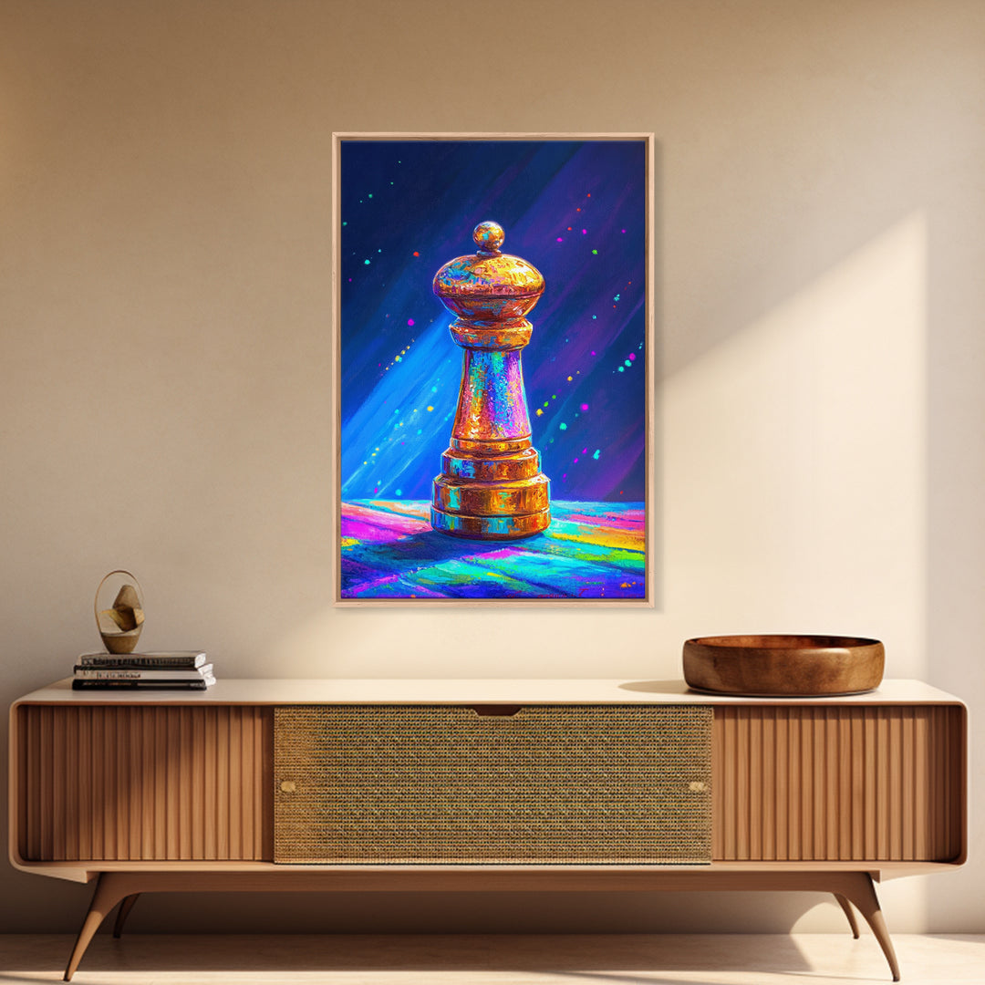Glowing Rainbow Chess Piece Framed Canvas Print, Game Room Art, Masculine Office Decor, Modern Wall Art, Home Office Decor, Gift For Him