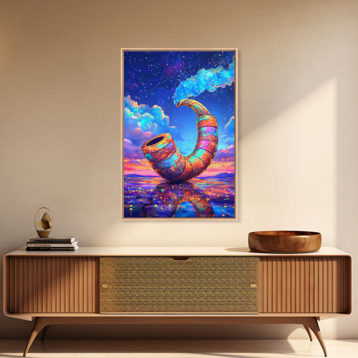 Cosmic Rainbow Smoking Pipe Framed Canvas Print, Surreal Wall Art, Psychedelic Space Decor, Colorful Statement Wall Art