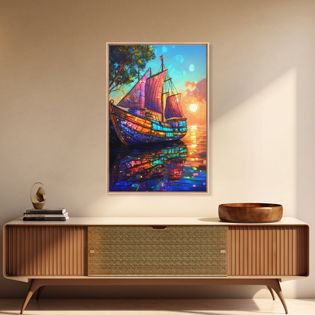 Stained Glass Sailboat At Sunset Canvas Print, Coastal Wall Art, Nautical Decor, Ocean Seascape Living Room Wall Art, Beach House Decor