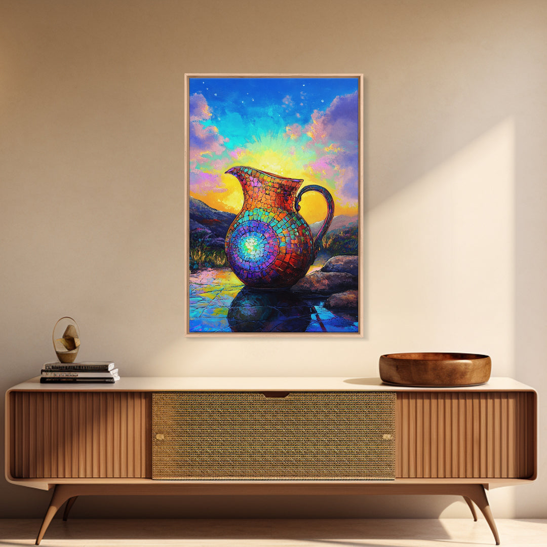 Mosaic Rainbow Pitcher At Sunrise Framed Canvas Print, Colorful Wall Art, Southwestern Decor, Mountain Landscape Painting