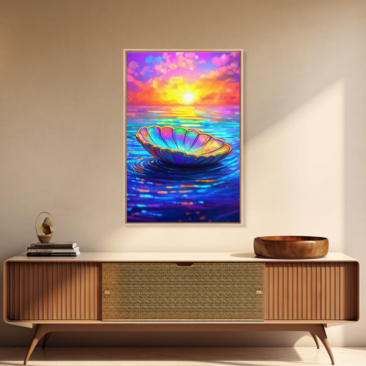 Iridescent Shell Bowl At Ocean Sunset Wall Art, Coastal Decor, Beach House Art, Colorful Seascape Canvas Print, Living Room Wall Art