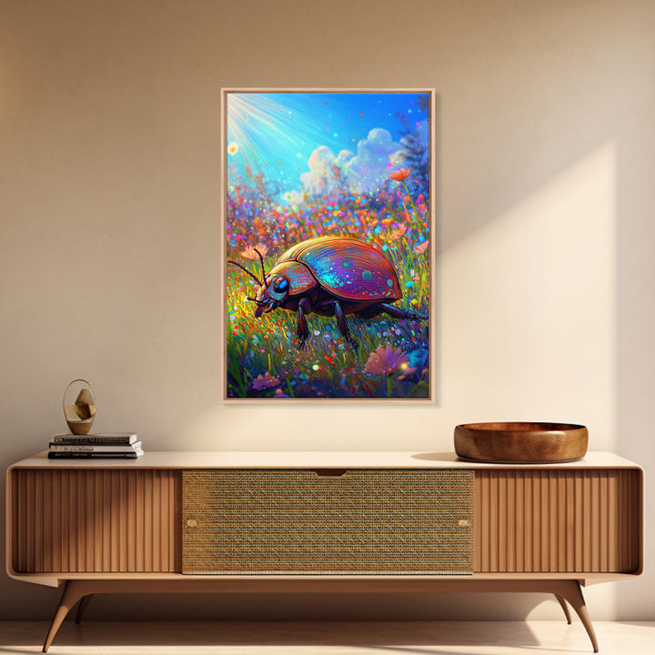 Rainbow Ladybug In Sunlit Wildflower Meadow Canvas Print, Whimsical Animal Art, Nature Wall Art, Bright Colorful Nursery Decor