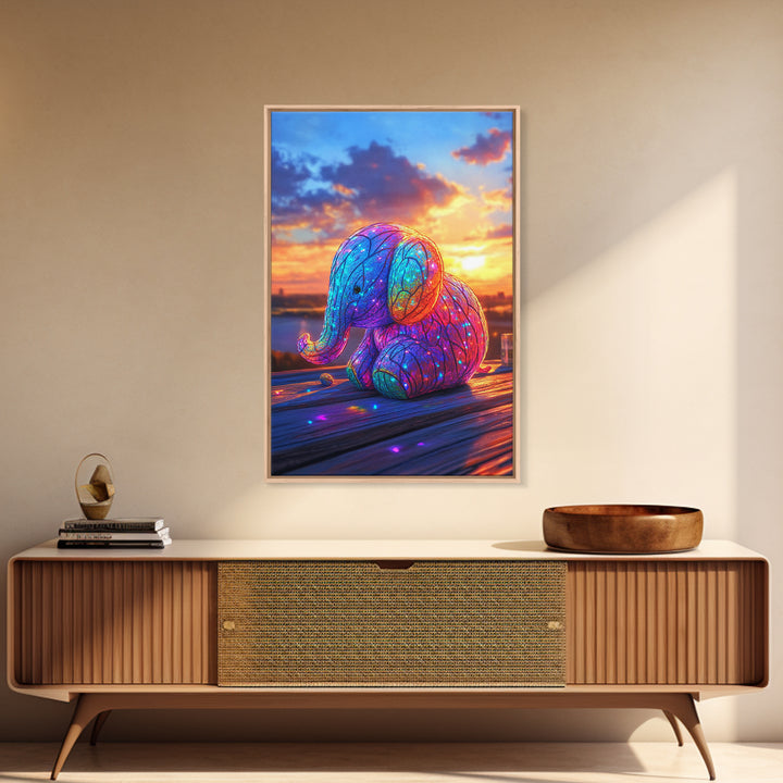 Glowing Rainbow Baby Elephant At Sunset Wall Art, Whimsical Animal Art, Nursery Wall Art, Colorful Kids Room Decor Cute Gift