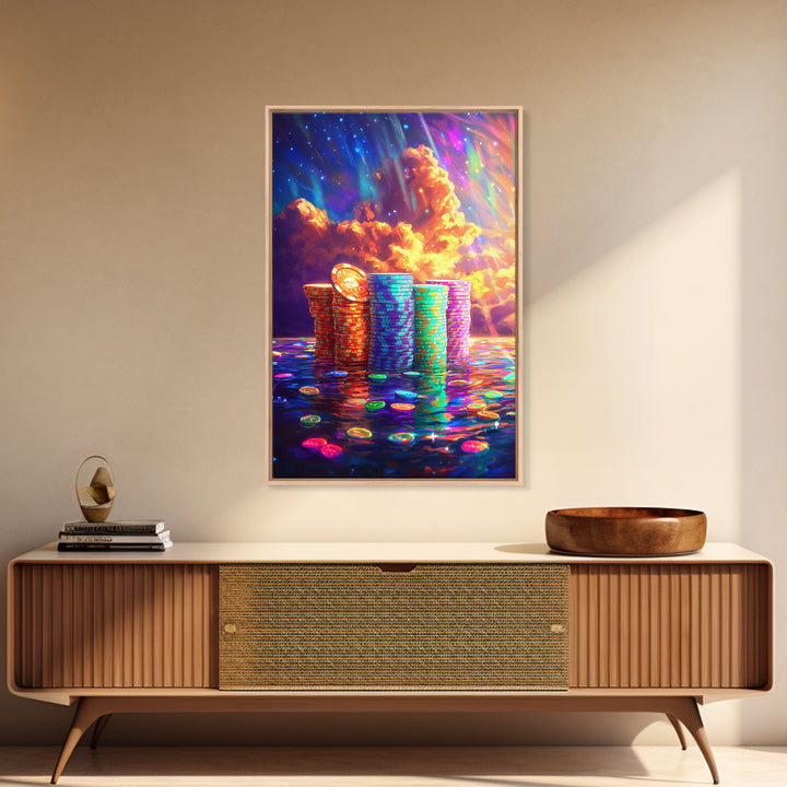 Glowing Crypto Coin Stacks Under Cosmic Sky Canvas Print, Bitcoin Art, Neon Wall Art, Gamer Room Decor, Gift For Him, Modern Art