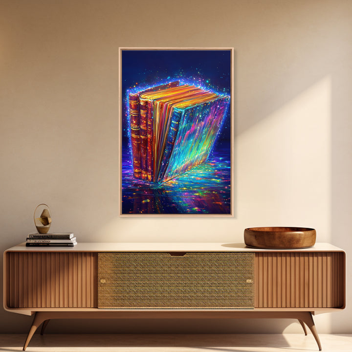 Glowing Rainbow Books With Sparkling Magic Wall Art, Library Decor, Book Lover Gift, Dark Academia, Fantasy Art Print, Home Decor