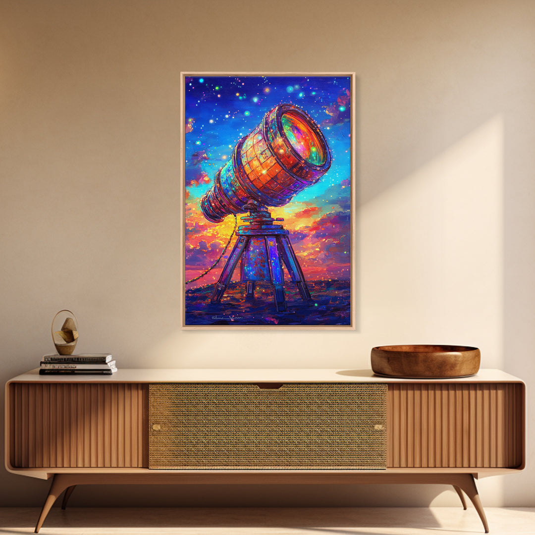 Rainbow Telescope Under Starry Sunset Sky Canvas Print, Astronomy Wall Art, Space Decor, Celestial Art, Gift For Him, Sci Fi Art