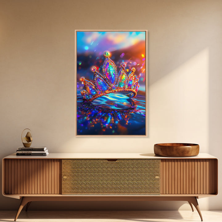 Sparkling Rainbow Tiara Crown On Water Canvas Print, Princess Wall Art, Girly Room Decor, Maximalist Wall Decor Gift For Her