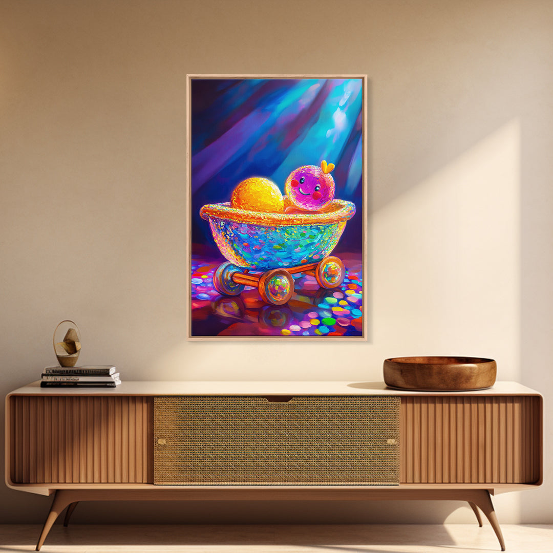 Whimsical Toy Wagon With Smiling Doll Canvas Print, Colorful Nursery Wall Art, Playroom Decor, Kids Room Art, Cute Gift Idea