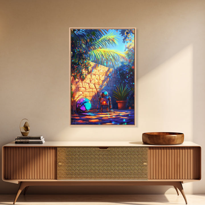 Tiny Robot With Yarn In Tropical Courtyard Canvas Print, Whimsical Sci Fi Wall Art, Futuristic Decor, Kids Room Art, Gift