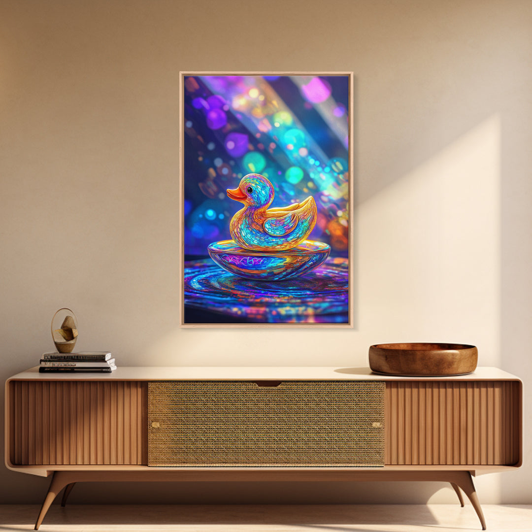 Glowing Rainbow Rubber Duck Canvas Print, Whimsical Animal Wall Art, Cute Bathroom Decor For Kids Room And Nursery Gift