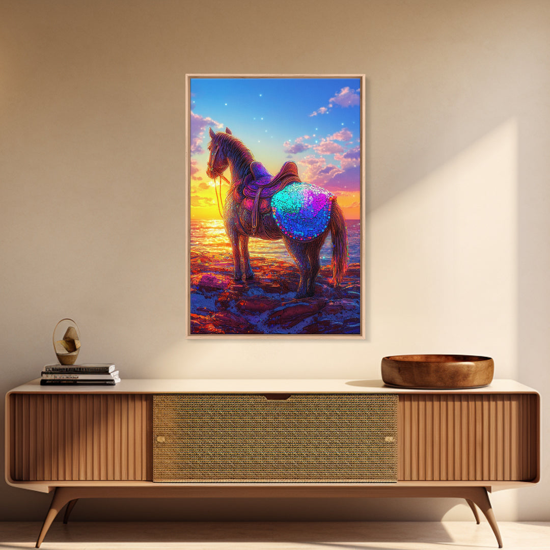 Sunset Horse On Beach Framed Canvas Print, Western Wall Art, Coastal Cowgirl Decor, Equestrian Gift For Horse Lover, Living Room Decor