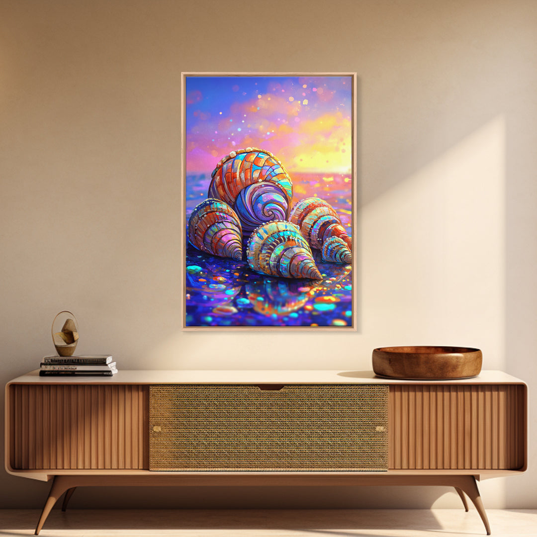 Rainbow Seashells On Sunset Shore Canvas Print, Coastal Wall Art, Beach House Decor, Ocean Wall Decor, Summer Gift For Her