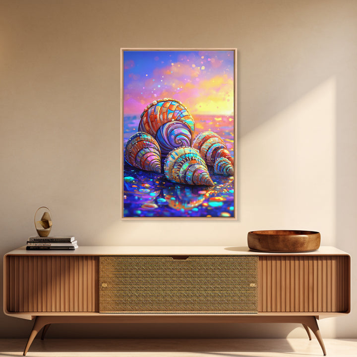Rainbow Seashells On Sunset Shore Canvas Print, Coastal Wall Art, Beach House Decor, Ocean Wall Decor, Summer Gift For Her