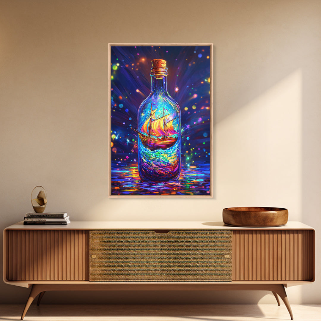 Glowing Ship In A Bottle Framed Canvas Print, Nautical Wall Art, Fantasy Ocean Decor, Coastal Gift For Him Or Her, Statement Artwork