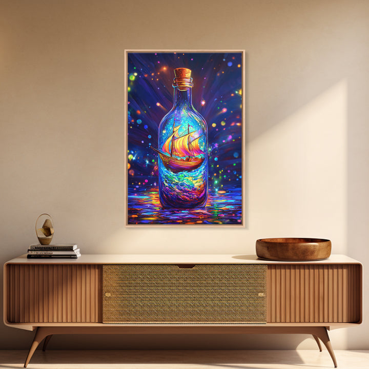 Glowing Ship In A Bottle Framed Canvas Print, Nautical Wall Art, Fantasy Ocean Decor, Coastal Gift For Him Or Her, Statement Artwork