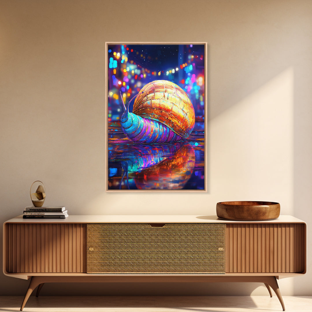 Neon Snail On Rainy Street Wall Art, Whimsical Animal Canvas Print, Cyberpunk City Decor, Funny Gift For Animal Lover, Vibrant Wall Decor