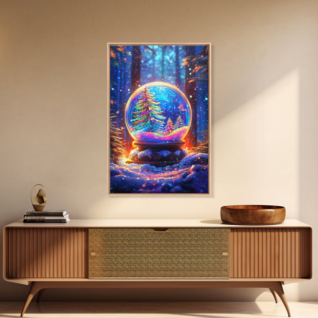 Glowing Winter Forest Snow Globe Framed Canvas Print, Christmas Wall Art, Cozy Holiday Decor, Magical Nature Gift, Living Room Decor