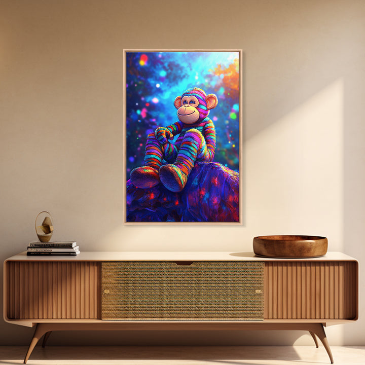 Rainbow Sock Monkey On Rock Wall Art, Whimsical Animal Canvas Print, Cute Nursery Decor, Kids Room Decor, Playroom Wall Decor