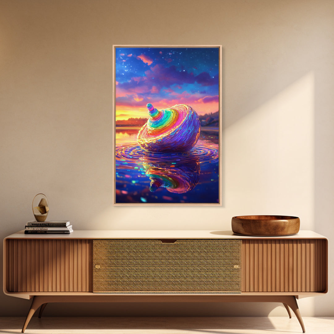Rainbow Seashell At Sunset On Reflective Water Canvas Print, Coastal Wall Art, Beach House Decor, Ocean Art, Gift For Her