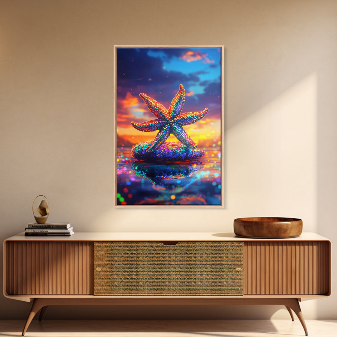 Beaded Rainbow Starfish On Shell At Sunset Canvas Print, Coastal Wall Art, Ocean Decor, Beach House Art, Gift For Her, Summer Decor