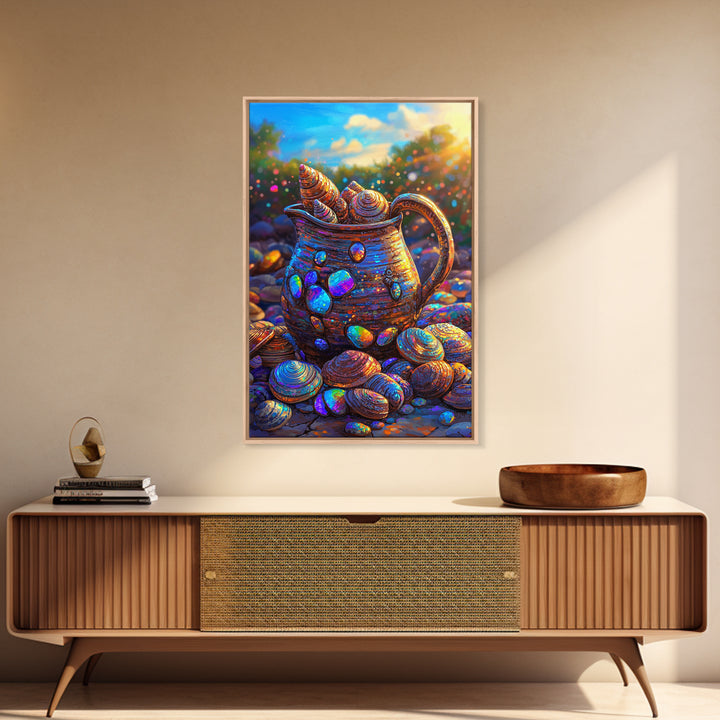 Iridescent Seashell Pitcher On Pebble Shore Wall Art, Coastal Canvas Print, Beach House Decor, Nautical Art For Living Room