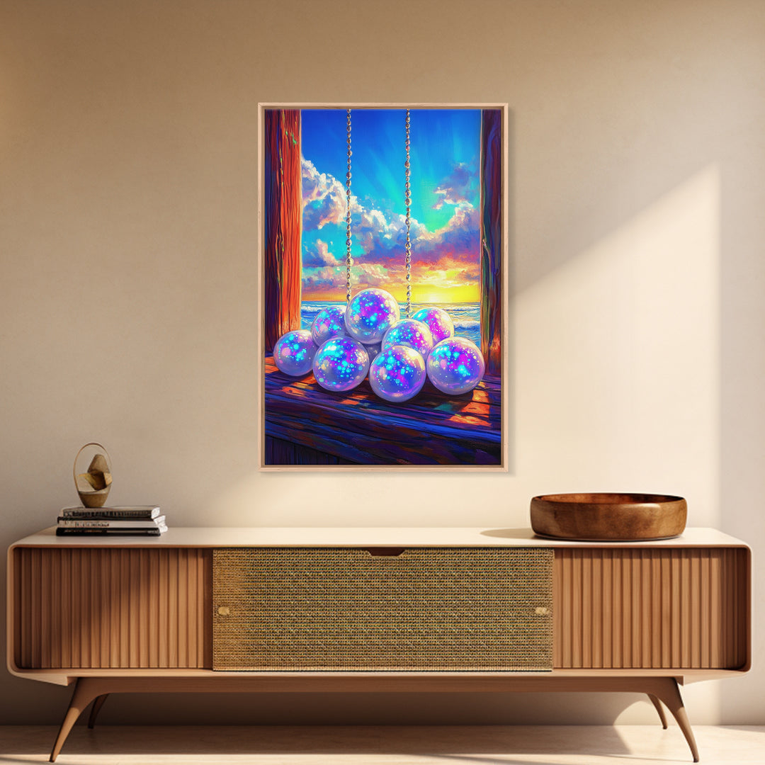 Glowing Pearl Swing At Ocean Sunset Wall Art, Coastal Canvas Print, Whimsical Beach Decor, Dreamy Seascape Art Print For Bedroom Decor