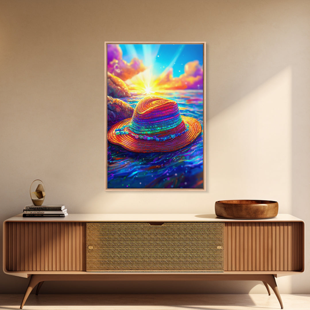 Vibrant Straw Hat Floating On Ocean Sunset Canvas Print, Tropical Beach Wall Art, Coastal Decor, Summer Vacation Gift For Her