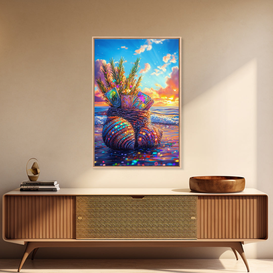 Seashell Basket With Tarot Cards At Sunset Framed Canvas Print, Coastal Wall Art, Beach House Decor, Boho Gift For Her Art