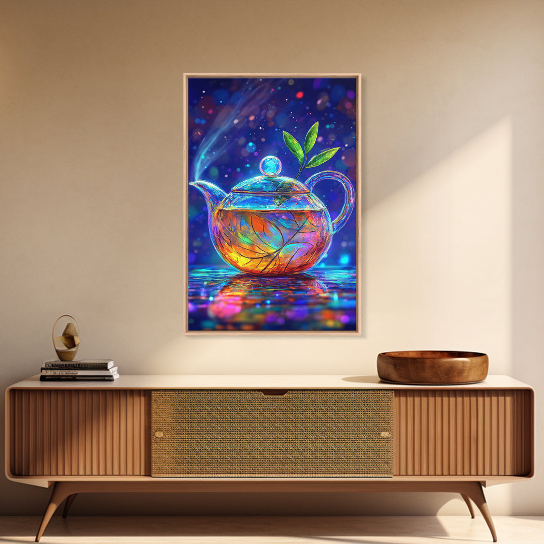 Glowing Glass Teapot With Green Leaves Canvas Print, Whimsical Kitchen Wall Art, Colorful Tea Lover Gift, Home Decor Art