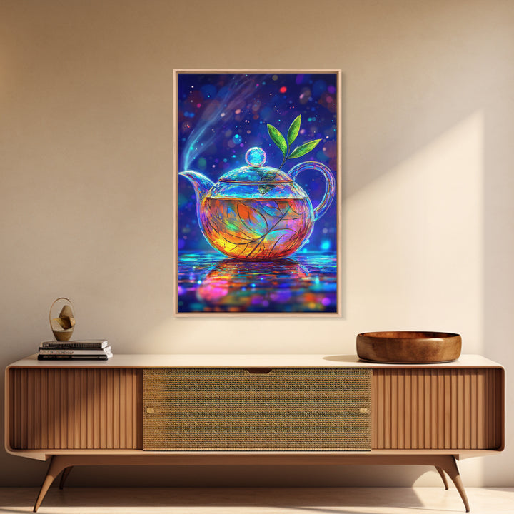 Glowing Glass Teapot With Green Leaves Canvas Print, Whimsical Kitchen Wall Art, Colorful Tea Lover Gift, Home Decor Art