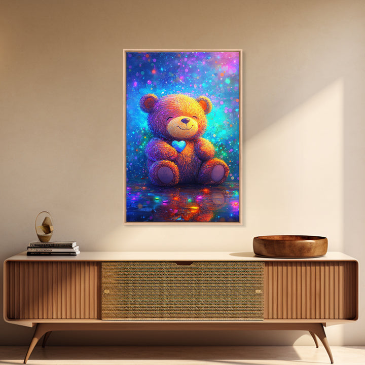 Smiling Teddy Bear With Blue Heart Wall Art, Colorful Nursery Decor, Cute Animal Art, Kids Room Canvas Print, Baby Gift Art