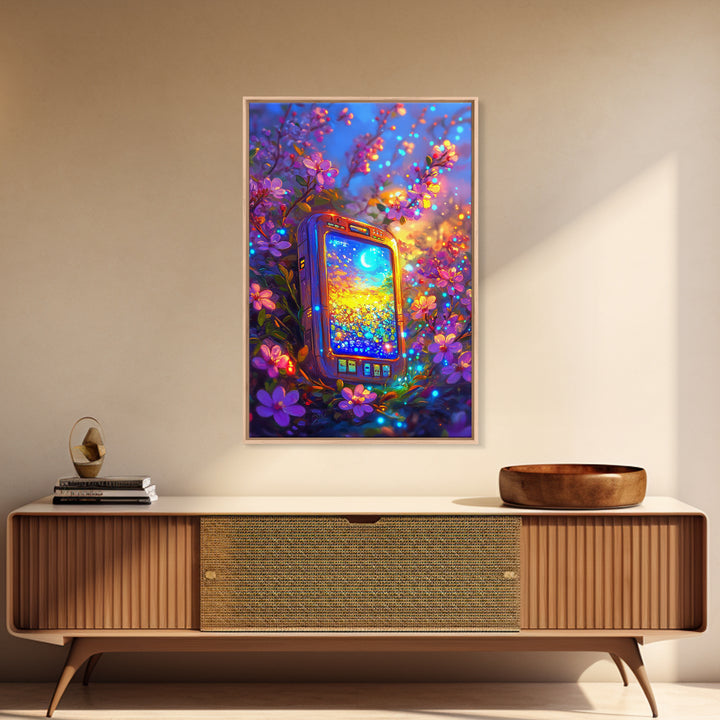 Glowing Phone Among Cherry Blossoms And Moon Wall Art, Celestial Floral Fantasy Canvas Print, Whimsical Nursery Decor Gift