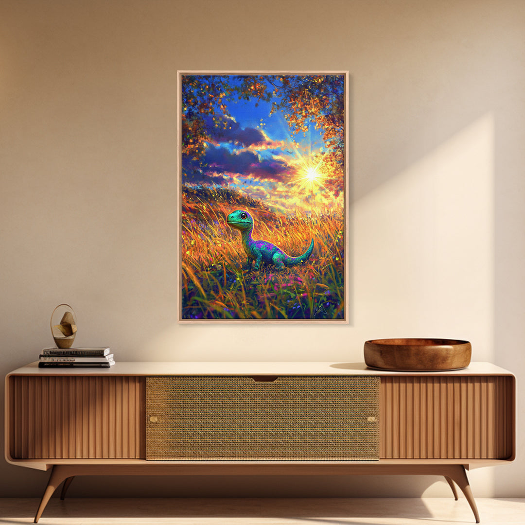 Cute Baby Dinosaur In Golden Meadow Wall Art, Colorful Safari Nursery Canvas Print, Whimsical Kids Room Decor, Unique Gift