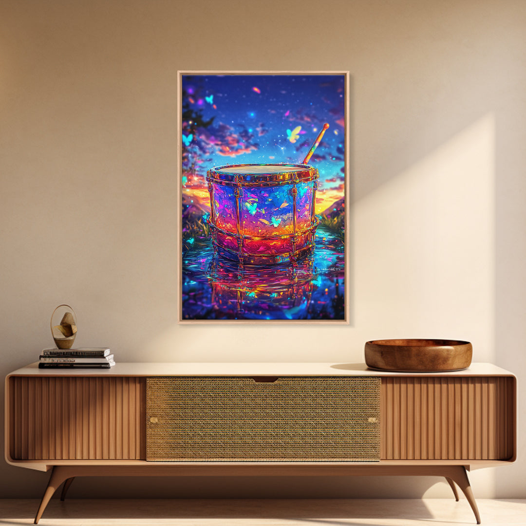 Glowing Drum With Butterflies At Sunset Wall Art, Colorful Music Studio Room Decor, Whimsical Canvas Print, Music Lover Gift