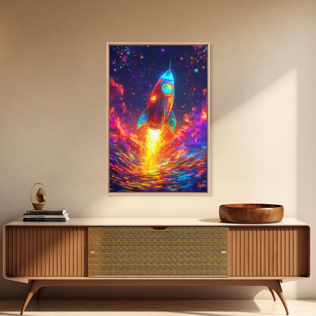 Neon Rocket Launch Over Ocean Wall Art, Colorful Space Decor, Sci Fi Art Print, Futuristic Nursery And Kids Game Room Gift