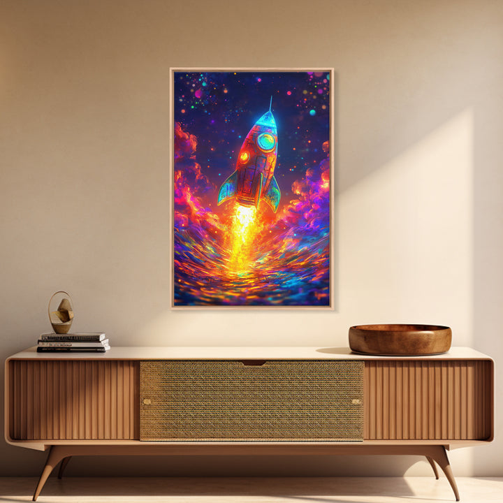 Neon Rocket Launch Over Ocean Wall Art, Colorful Space Decor, Sci Fi Art Print, Futuristic Nursery And Kids Game Room Gift