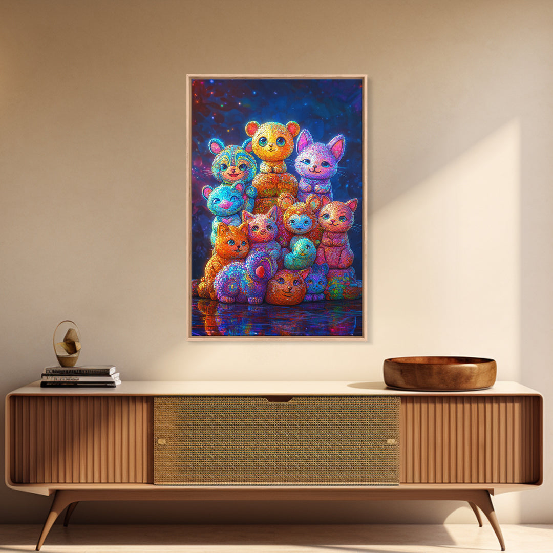 Colorful Plush Animal Friends And Kittens Wall Art, Whimsical Animal Art, Nursery Wall Art, Playroom Decor, Cute Kids Print