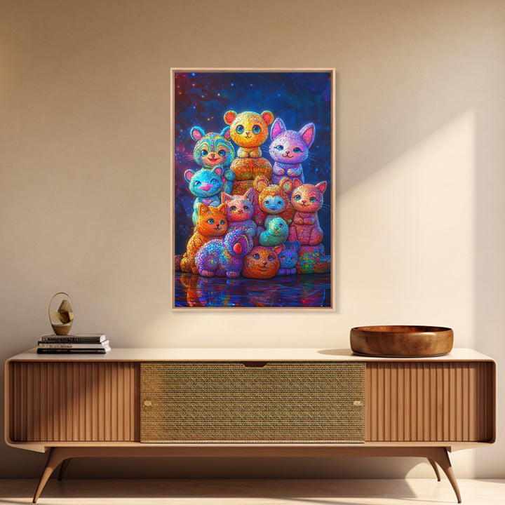 Colorful Plush Animal Friends And Kittens Wall Art, Whimsical Animal Art, Nursery Wall Art, Playroom Decor, Cute Kids Print