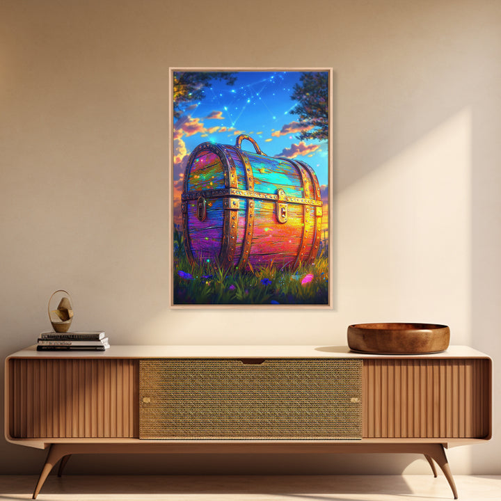Rainbow Treasure Chest In Meadow At Sunset Framed Canvas Print, Fantasy Wall Art, Whimsical Decor, Celestial Kids Room Art