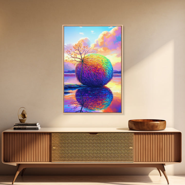 Rainbow Sphere Tree Beside Reflective Lake Wall Art, Surreal Landscape Art, Colorful Nature Decor, Modern Canvas Wall Art