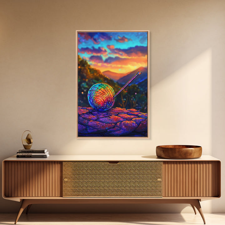 Rainbow Snail On Mountain Stone Canvas Print, Whimsical Animal Art, Colorful Nature Decor, Fantasy Living Room Wall Art Gift