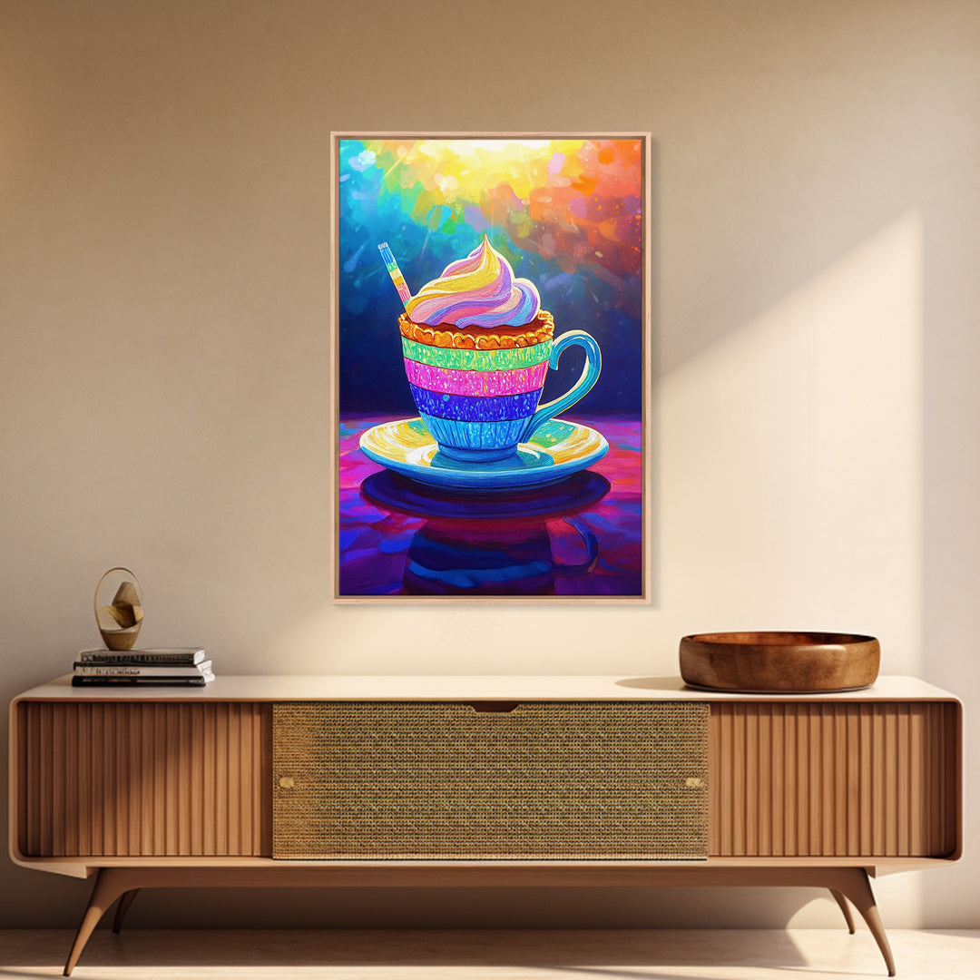 Rainbow Cupcake In Teacup Kitchen Wall Art, Whimsical Dessert Art Print, Colorful Bakery Decor, Cute Cafe Canvas Print Gift
