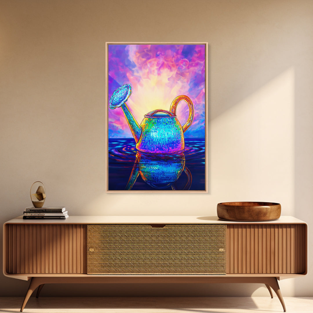 Radiant Watering Can At Sunrise Wall Art, Colorful Garden Decor, Whimsical Botanical Art Print, Vibrant Canvas Print Gift