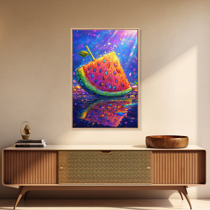 Juicy Watermelon Slice With Sprout Wall Art, Colorful Fruit Art Print, Summer Kitchen Decor, Whimsical Canvas Print Gift
