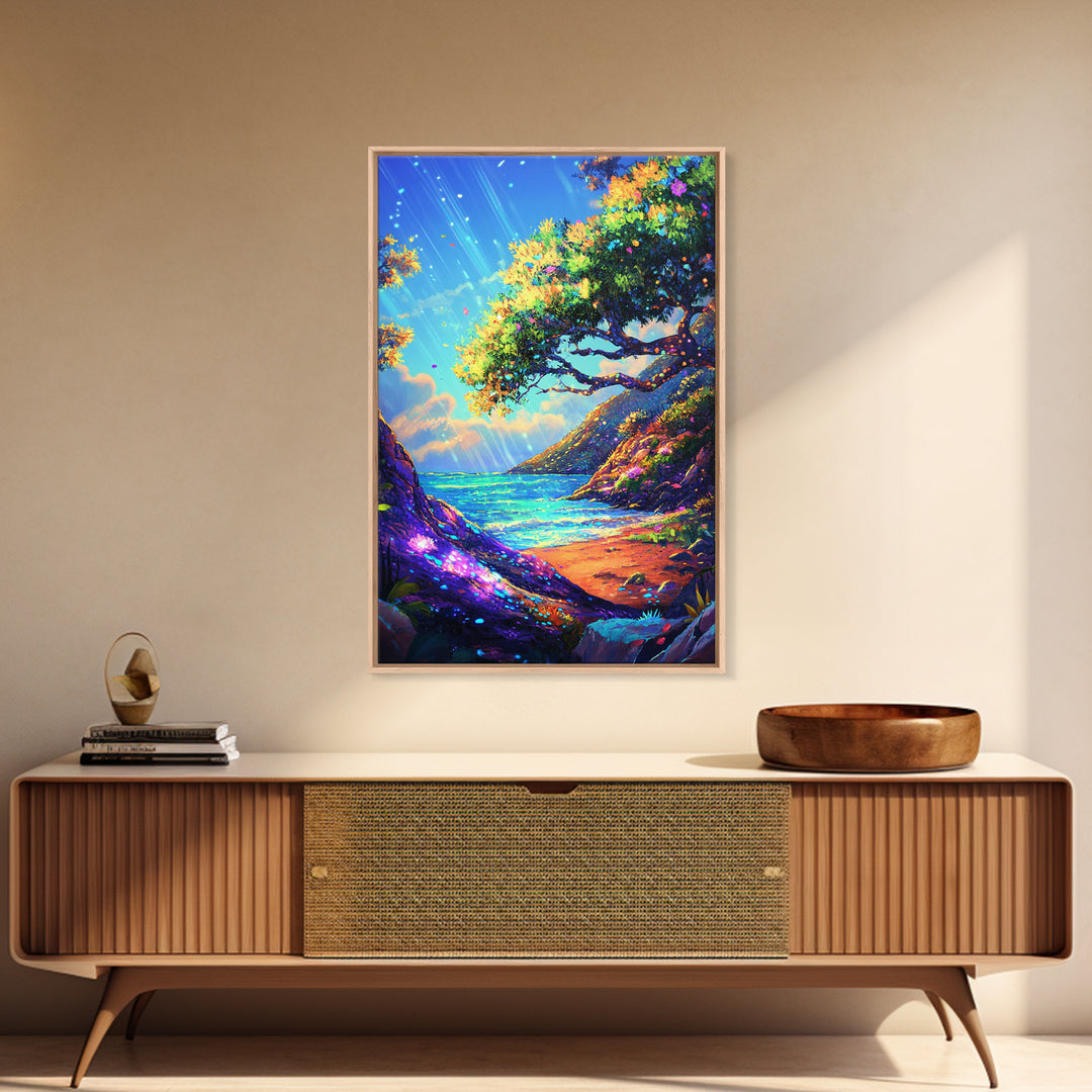 Sunlit Coastal Cove And Tree Wall Art, Vibrant Ocean Landscape Art Print, Tropical Beach House Decor, Large Canvas Print