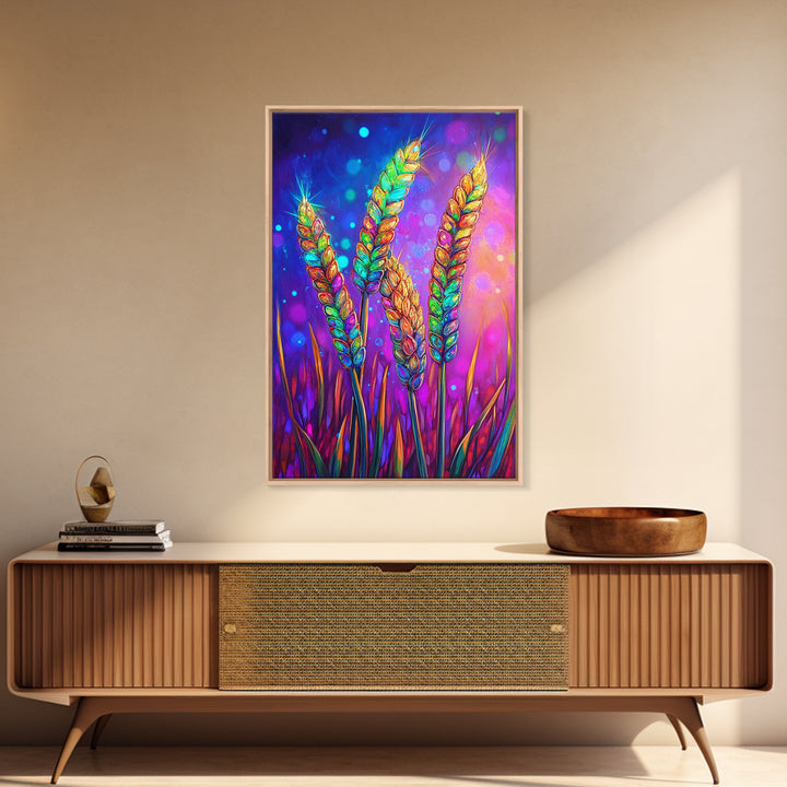 Colorful Wheat Stalks In Light Wall Art, Rustic Farmhouse Decor, Botanical Nature Art Print, Vibrant Kitchen Canvas Print